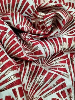 Metallic RED Brocade Fabric Sold By The Yard Geometric On Beige Background  - Image 1 of 4