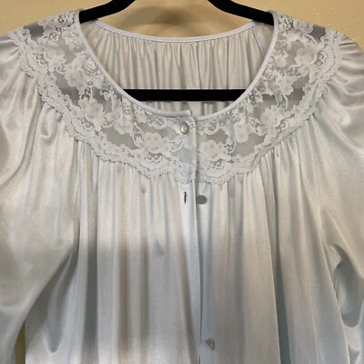 Vtg Gilead Nightgown Robe Blue Button Front 1 Pocket Size M Satin Lace - Image 1 of 4