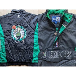 Boston Celtics 90s STARTER puffer 1/2 jacket pullover L black green NBA vintage - Picture 1 of 7