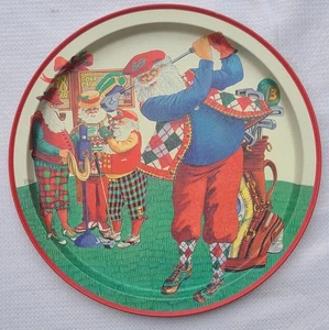 Vintage Potpourri Designs 1994 piatto biscotti Natale golf Babbo Natale vassoio di latta metallo - Foto 1 di 3