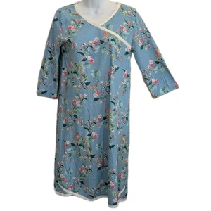 GARNET HILL Asian Wrap Light Blue Floral Organic Cotton Midi Gown 3/4 Sleeve  XS - Picture 1 of 5