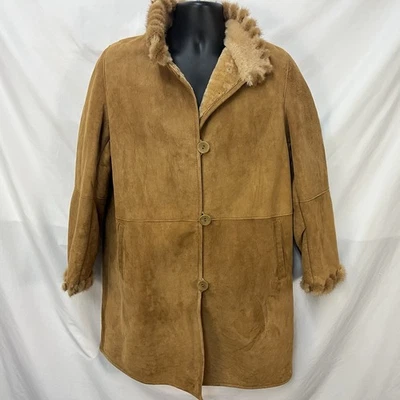 VINTAGE DUCK SPORT NEW YORK BROWN SHEEPSKIN LEATHER SHEARLING LINED COAT M USA - Image 1 of 4