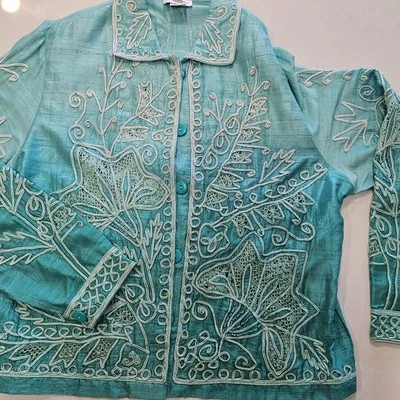 Vintage Crocheted Sandy Starkman 100% Silk Shirt Jacket Embroidered Teal Size L - Image 1 of 4