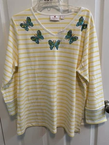 Quacker Factory XL Yellow White Striped Top Sequined Butterflies V-neck New - Picture 1 of 13