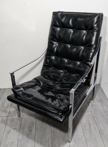 Vintage Mid Century Modern Chrome Black Vinyl Lounge Chair Milo Baughman Style Cover