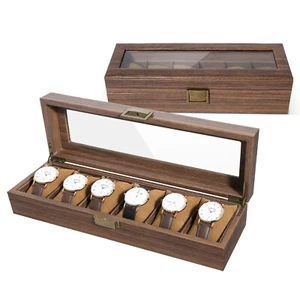 6 Fächer Uhrenbox Holz Uhrenaufbewahrung Schmuck Orgnizer Vitrine Klar Top - Bild 1 von 23