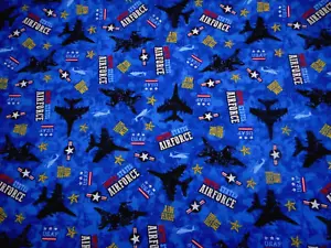 Military Fabric By Half-Yard US Air Force Jets Stars Words Blue Patriotic Cotton - Picture 1 of 2