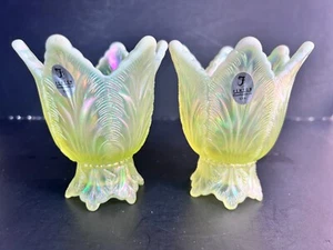 Fenton Topaz Vaseline Opalescent Glass 2 Way Tulip Candle Holders (Set of 2) - Picture 1 of 9