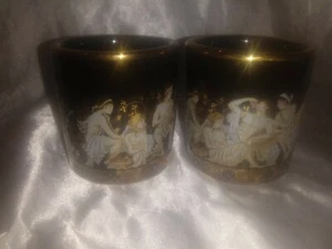 RARE VINTAGE TERRACOTTA HANDMADE IN 24K GOLD TRIM BLACK TEA CUPS SET OF 2 - Picture 1 of 7