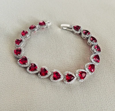 7Ct Heart Cut Lab-Created Red Ruby Women's Tennis Bracelet 14K White Gold Plated - Image 1 of 4
