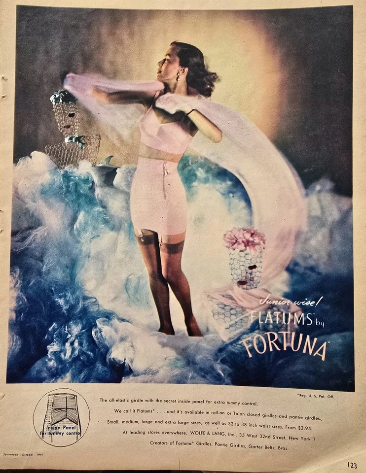 1947 Mujer Junior Wise Flatums Fortuna Rosa Faja Sujetador Ligas Anuncio De Colección  Foto 1 de 1