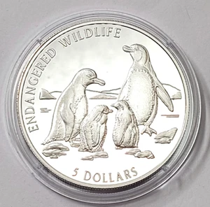 Cook Island 5$ 1996 PP Silber 1oz Pinguine mit Jungen Endangered Wildlife WWF - Bild 1 von 2