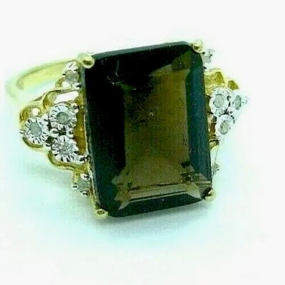 ANILLO DE CUARZO AHUMADO GRANDE DETALLES DE DIAMANTES CHAPADO EN ORO MINADO SOBRE ESTERLINA Foto 1 de 4