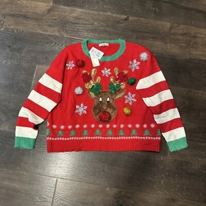 It’s Our Time Christmas Sweater Womens XXL Rudolph Reindeer Sequined Pom Bow Red - Picture 1 of 14