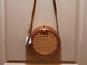 Round Rattan Woven Crossbody Bag with Genuine Leather Strap, 7.5”, Boho Chic #3 - Picture 1 of 4