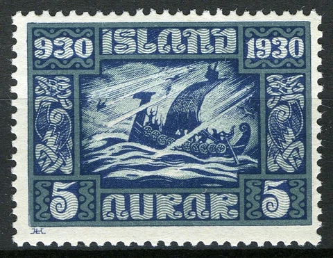 Iceland 1930, 5 Aur Viking ship in a storm, 1000 years Allthing MNH, Mi 126 Cover