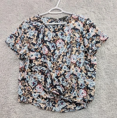 Blusa pequeña Banana Republic para mujer XLP negra floral cuello redondo manga corta Foto 1 de 4
