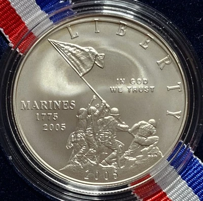 A Marine Corps 230th Anniversary Silver Dollar 2005 P Uncirculated OGP COA  - Image 1 of 4