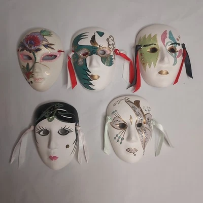 5 Wall Hanging Asian Ceramic Masks Hand Painted  - Image 1 of 4