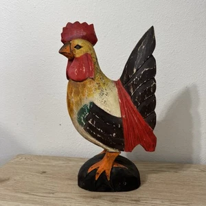 Vintage Wooden Rooster Chicken Figurine Folk Art Hand Painted Country Farm Decor - Picture 1 of 14