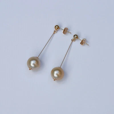 9.5-10mm natural high luster Australia gold seawater Pearl 14KGF Earring 40mm #3 - Image 1 of 4