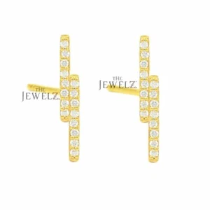 14K Gold 0.16 CT VS/F-G Diamond 16 mm Double Bar Earrings - The Jewelz - Picture 1 of 3