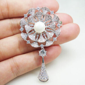 Elegant Bride Wedding Flower Teardrop Pendant  Brooch Pin Clear Zircon Crystal 