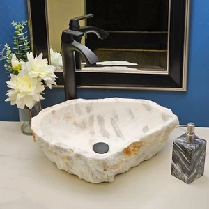 White and Gray Onyx Vessel Bathroom Sink, Small Stone Above Counter Sinks - Picture 1 of 5