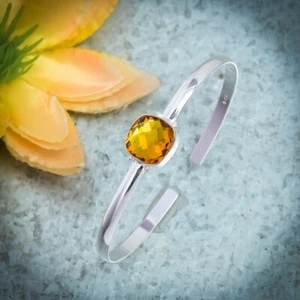 Bonito Citrino Piedra Topacio 925 Plata de Ley Hecho a Mano Pulsera Puño - Imagen 1 de 5