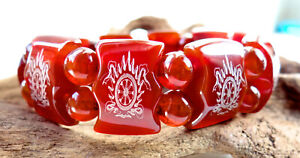 Red agate bracelet with Buddhist auspicious symbols Dharmachakra wisdom