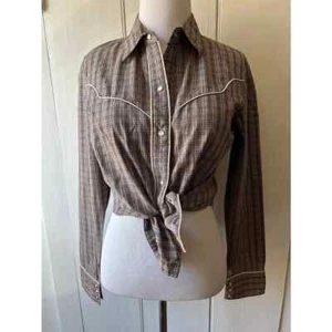 Camisa Vaquera Western Azul Marino Antigua Talla Mediana Botones Nacarados Marrón Cuadros - Imagen 1 de 14