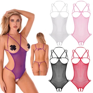 Damen-Body durchsichtig Netz Schritt offen Rückenfrei Teddy Dessous Nachtwäsche - Bild 1 von 47