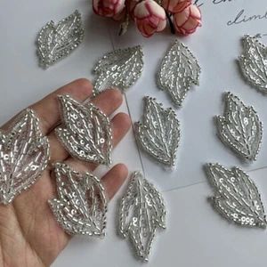 5x Beaded Sequin Leaf Applique Patch Shiny Floral for Clothes Wedding Dress Trim - Picture 1 of 7