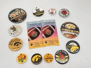 Iowa Hawkeyes Football Button/Pins 1986 ROSE BOWL Ticket Stubs 1982 Peach Bowl - Picture 1 of 7