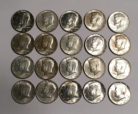 Twenty US 50C 40% Silver Kennedy Half Dollars $10 Face Value 1965-69 Cover