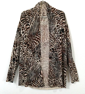 Neiman Marcus Cashmere Animal Print Open Cardigan Luxe Drape Open Safari Glam L - Image 1 of 4