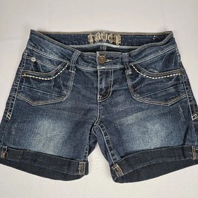 Truce Shorts Women’s 7 Button Cuffed Lightly Distressed Jean Shorts EMBROIDERED - Image 1 of 4