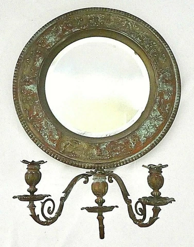 Antique MIRROR, Brass Frame w/Mythological Figures + 3 Candlestick Holders ROUND Cover