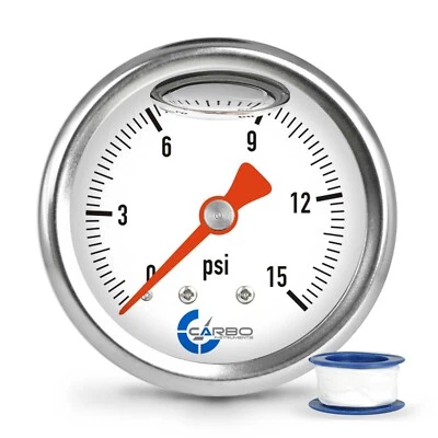 CARBO Gauge 0-15 psi Fuel Pressure Oil Pressure 1.5" Liquid Filled, White Dial  - Image 1 of 4