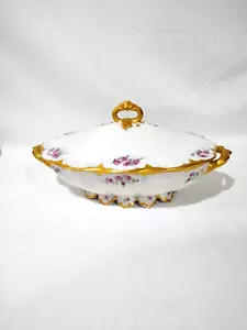 Vintage Haviland Frankreich ovale Schale mit Fuß bedeckt handbemalt Rosen Goldrand - Bild 1 von 12