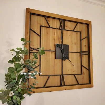 Large Wooden WALL CLOCK Metal Skeleton Williston Rustic Oak Effect Choose Size   - Image 1 of 4