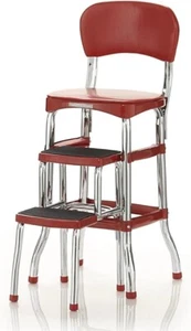 Cosco Retro Counter Chair with Step Stool Sliding Red Vinyl Cushion Non Slip - Picture 1 of 6
