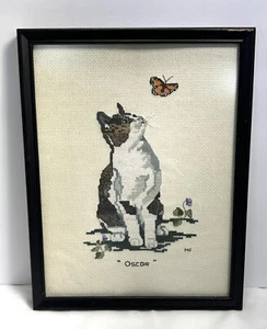 Vintage Hand Cross Stitch Cat Framed Wall Art Granny Core - Picture 1 of 4