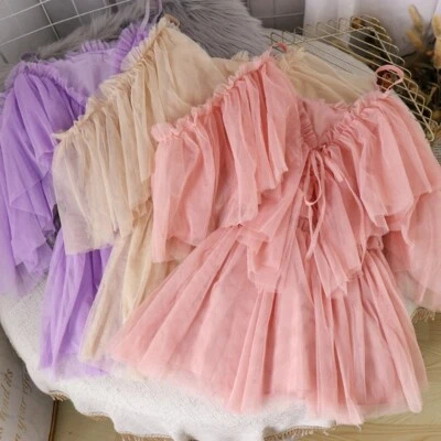 Women Mesh Ruffle Layer Blouse T Shirt V Neck Strap Lolita Sweet Fairy Tops - Image 1 of 4