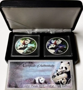 CHINA (2) 10 Yuan 2023 Silver Colorized Panda Day/Night Coin Set OGP/COA - Picture 1 of 6