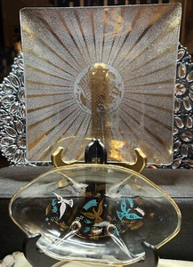 2 Pc VTG Georges Briard Square Mid-Century Glass Gold Plate & Dish MCM Retro - Picture 1 of 9