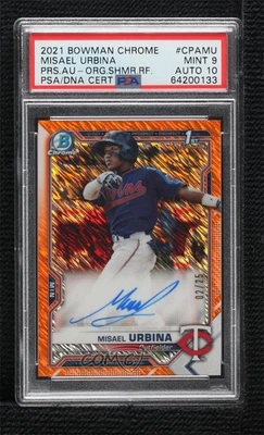 2021 Bowman Chrome Orange Shimmer Refractor /25 Misael Urbina PSA 9 MINT Auto - Image 1 of 2