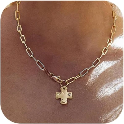Chunky Cross Necklace for Women Trendy Gold Silver Layered Statement Cross Penda - Image 1 of 4