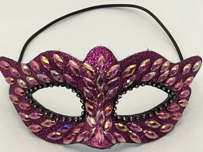 Fuchsia Pink Masquerade Mask Mardi Gras iridescent Gem Venetian Carnival Elastic - Image 1 of 4
