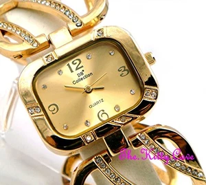 Gold Plated Designer Wide Wavy Bars Dress Cage Watch w/ Swarovski Crystal Bling - Picture 1 of 9